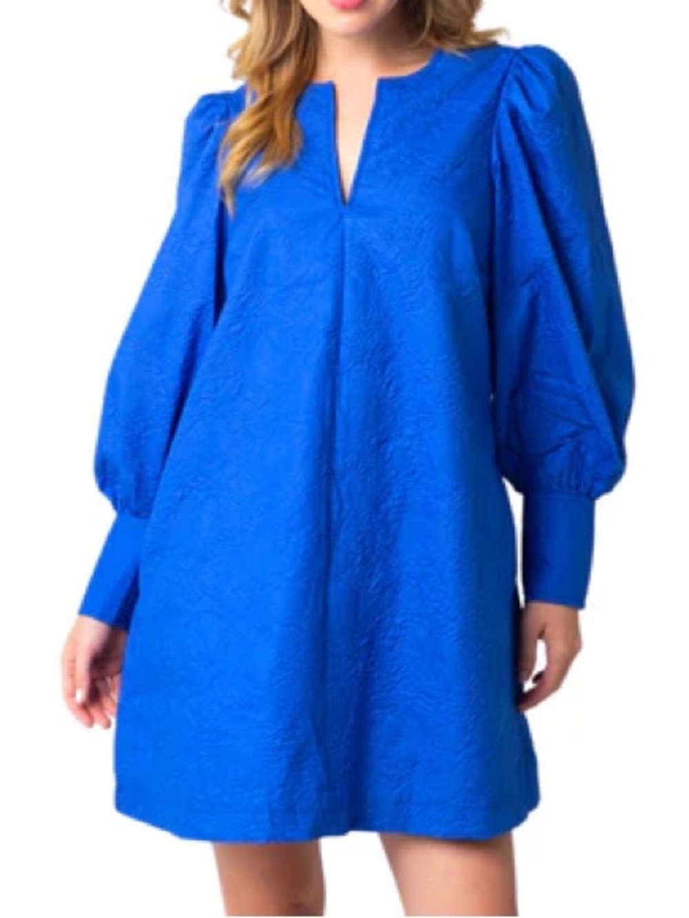 Olivaceous Textured Puff Sleeve Kara Dress with Pockets Royal Blue Medium